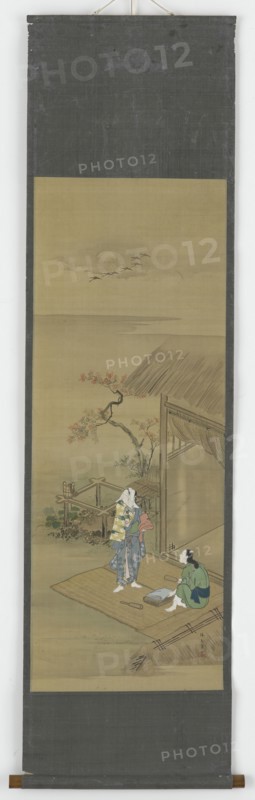 Two peasant girls beating cloth outside a house, Edo period, 18th century. Creator: Shunsho.