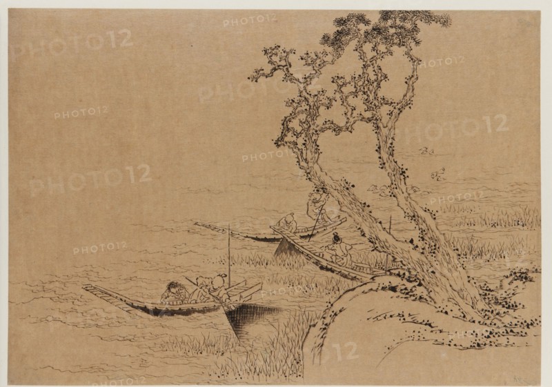 Landscape: figures fishing from boats, late 18th-early 19th century. Creator: Hokusai.