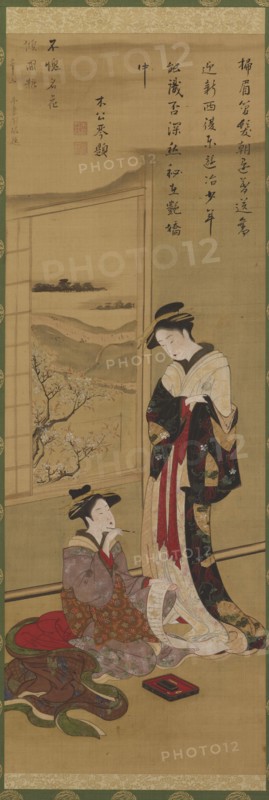Interior: a courtesan writing; another looking on, late 18th-early 19th century. Creator: Hokusai.