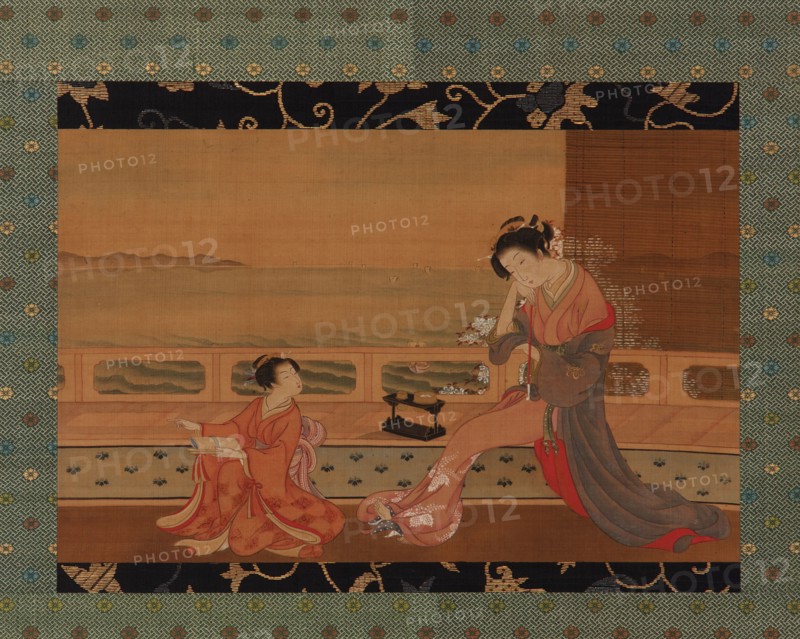 Two girls on a balcony overlooking the sea, Edo period, 1739-1820. Creator: Kitao Shigemasa.