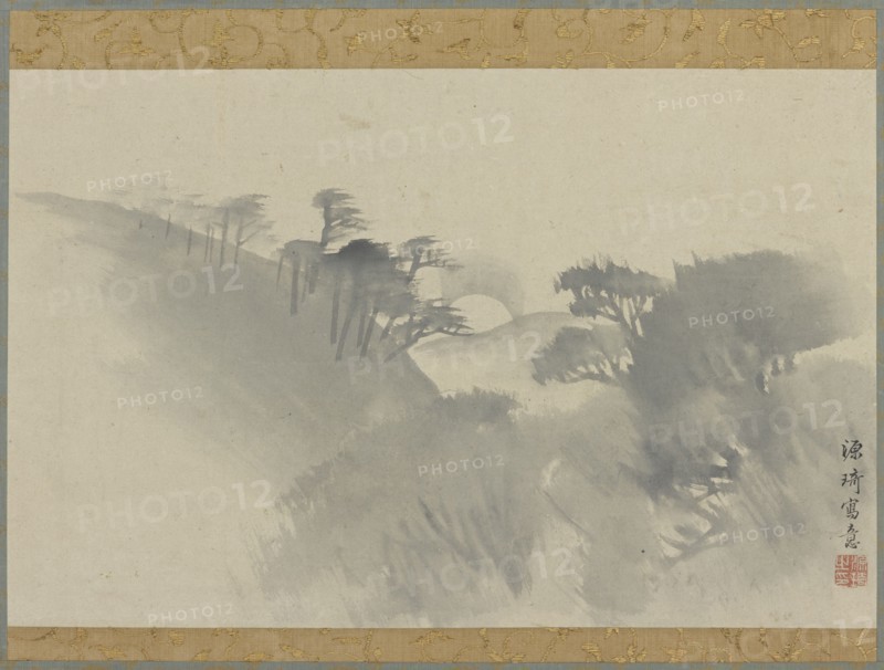 Landscape with hill, trees, and moonrise, Edo period, 1747-1868. Creator: Genki.