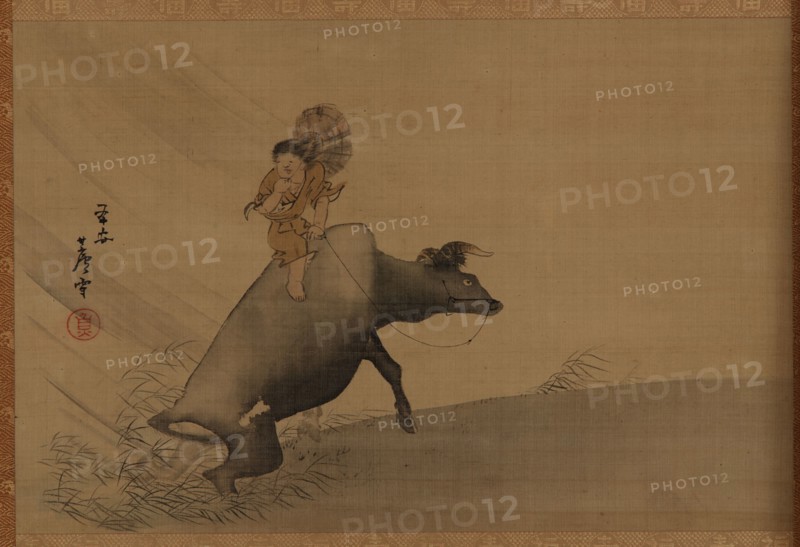 Herdboy on a water-buffalo in a rainstorm, Edo period, late 18th century. Creator: Nagasawa Rosetsu.
