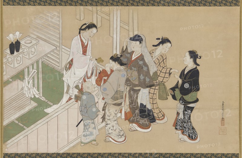 Infant's first visit to a Shinto shrine, Edo period, late 17th-early 18th century. Creator: Nishikawa Sukenobu.