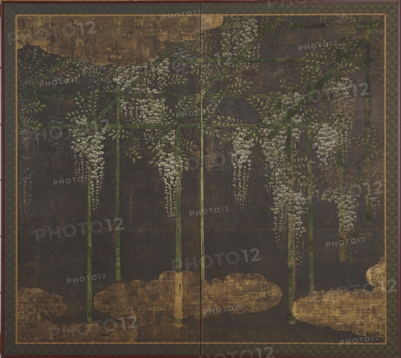 Blossoming wisteria on a bamboo trellis, Momoyama period, 16th-17th century. Creator: Unknown.