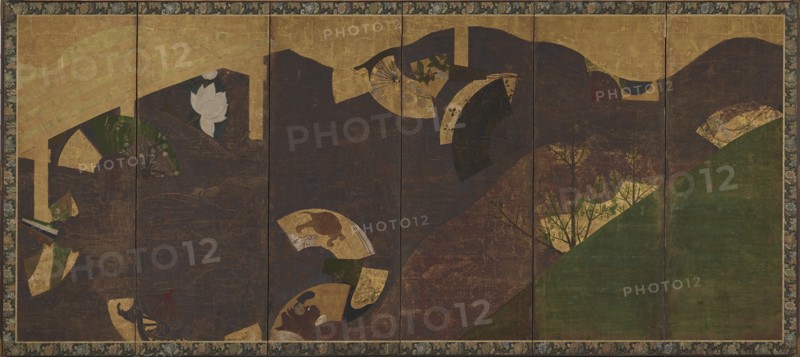 Ivy vines, bridges and floating fans, Momoyama or Edo period, early 17th century. Creator: Sôtatsu.