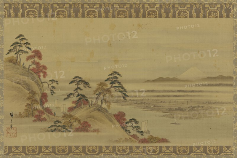 River landscape: red foliage and Mount Fuji, Edo period, mid 19th century. Creator: Utagawa Hiroshige II.