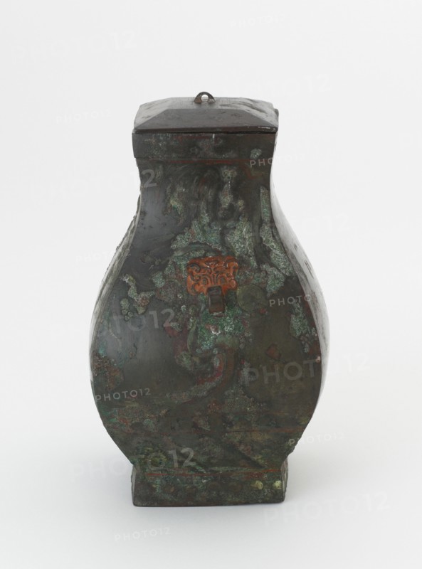 Lidded square ritual wine vessel (fanghu) with painted decoration, Han dynasty, 206 BCE-220 CE. Creator: Unknown.