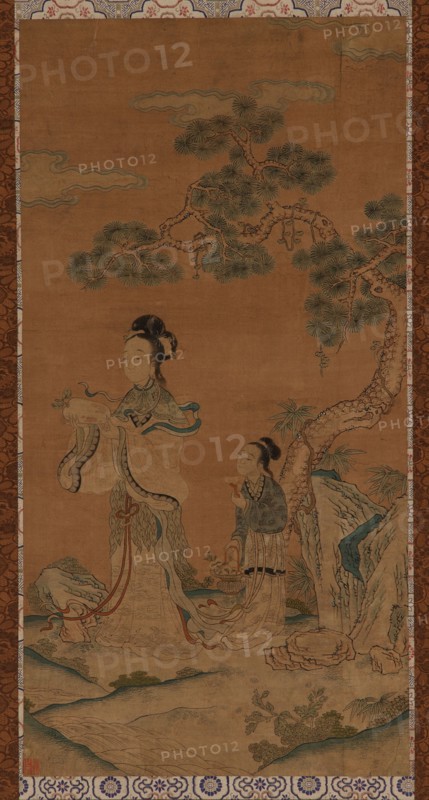 Tapestry: a Daoist female Immortal and attendant under a pine, Ming dynasty, 1368-1644. Creator: Unknown.