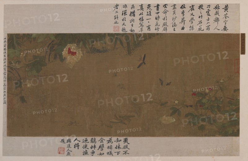 A garden-piece: flowers, fighting grasshoppers, ants and other insects, Ming dynasty, 1368-1644. Creator: Unknown.