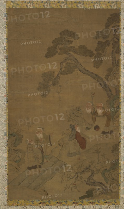 Tapestry: five sages in a garden under pines, Ming dynasty to Qing dynasty, 1368-1911. Creator: Unknown.