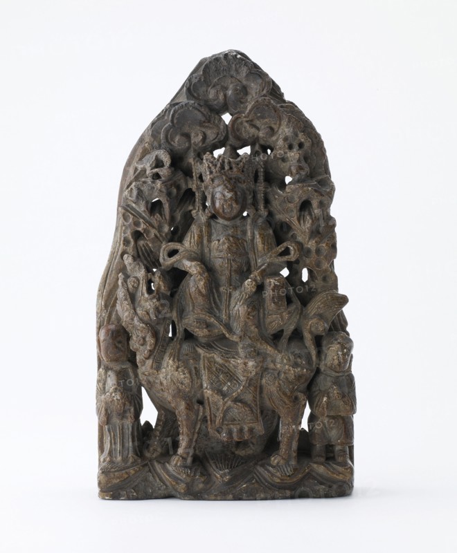 Small soapstone tablet, with pierced relief of Manjusri on lion, Period of Division, dated 543. Creator: Unknown.