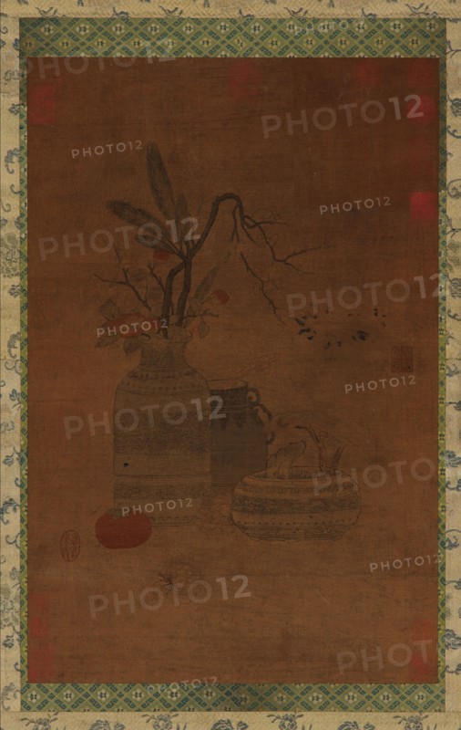 Tapestry: a bowl, two jars, flowers, and fruit, Possibly Ming dynasty, 1368-1644. Creator: Unknown.