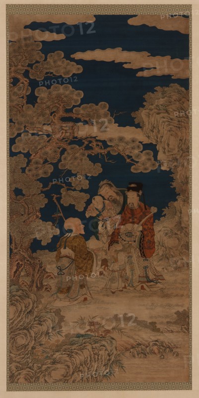 Weft-woven tapestry (kesi): Three Star Gods and Joy Personified..., Qing dynasty, 18th century. Creator: Unknown.