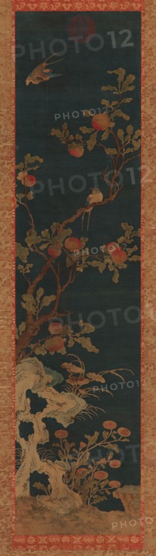 Tapestry: birds, peach-tree, rocks, and flowers on a blue ground, Qing dynasty, 1644-1911. Creator: Unknown.