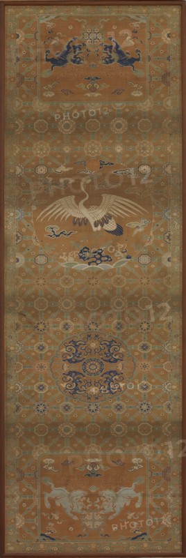 Chair cover with a crane, lions, dragons, auspicious symbols..., Qing dynasty, 18th century. Creator: Unknown.