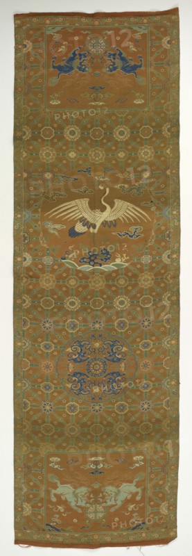 Chair cover with a crane, lions, dragons, auspicious symbols and floral..., Qing dynasty, 18th cent. Creator: Unknown.