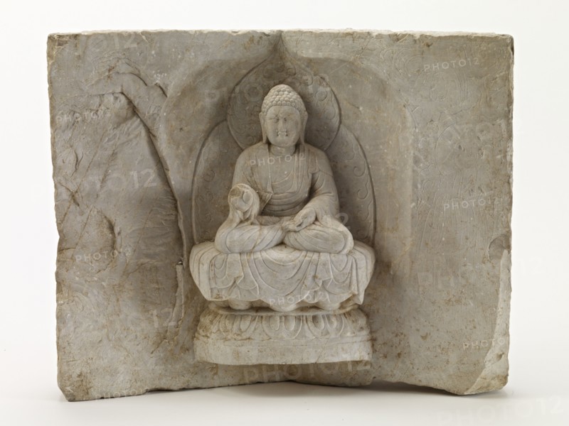 Seated Buddha with a standing monk, Tang dynasty, first half 8th century. Creator: Unknown.