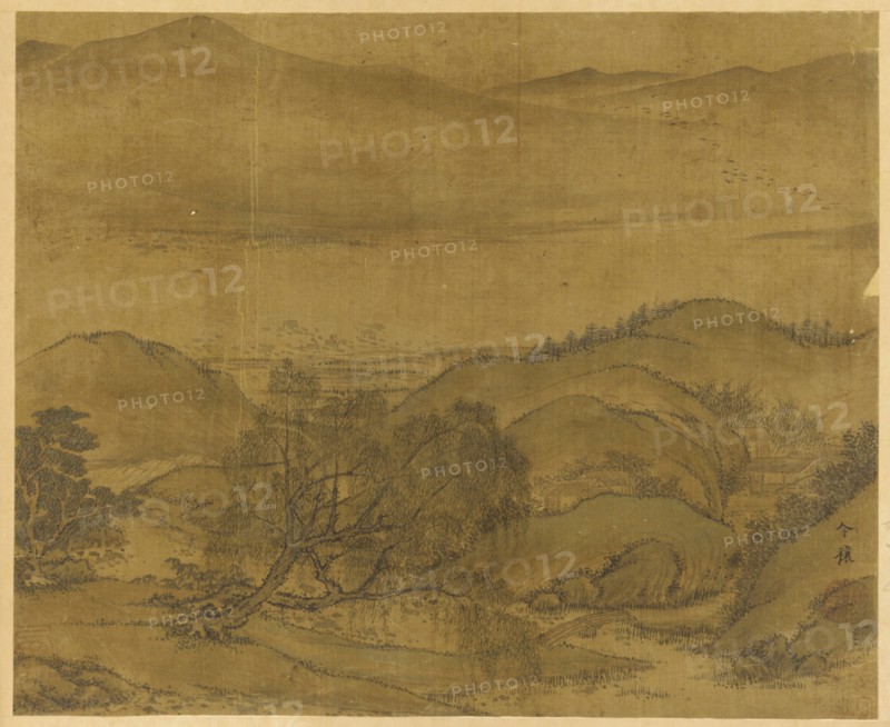 River landscape: a willow and other trees, rolling hills..., Yuan or Ming dynasty, 1279-1644. Creator: Unknown.