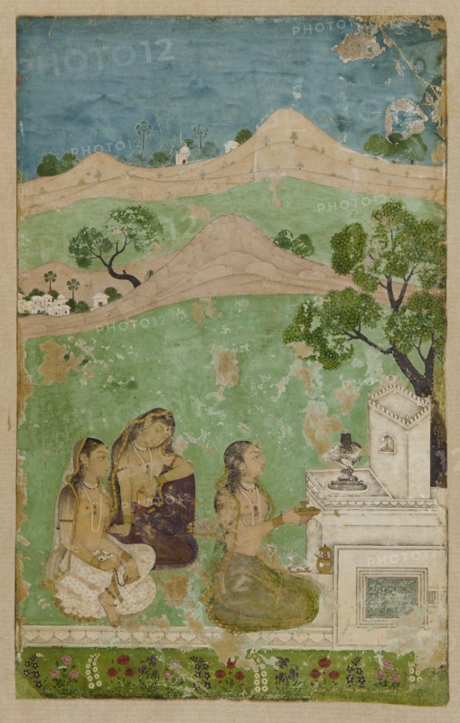 Bhairavi Ragini (a musical mode): three figures before a shrine, ca. 1725. Creator: Unknown.