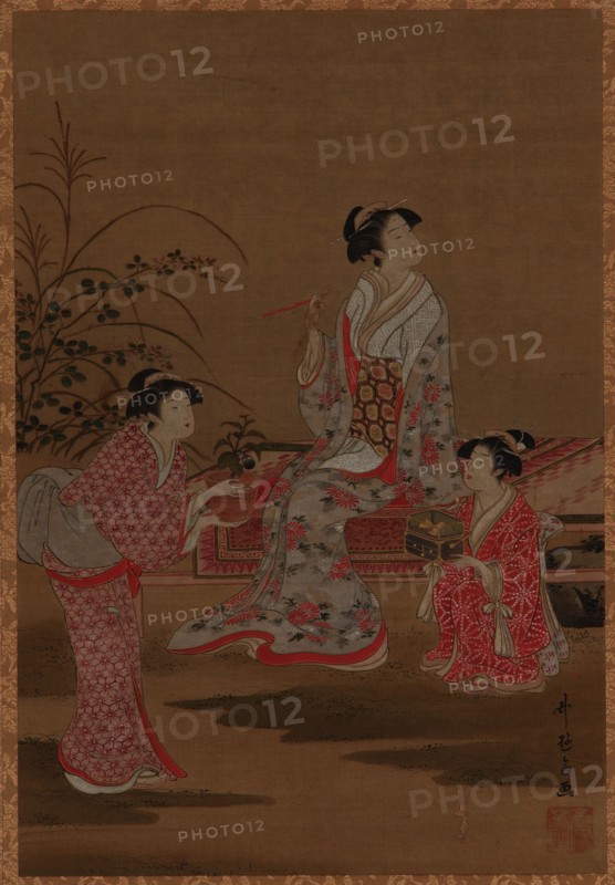 Young woman, with two girl attendants, seated in a garden, Edo period, 1615-1868. Creator: Unknown.