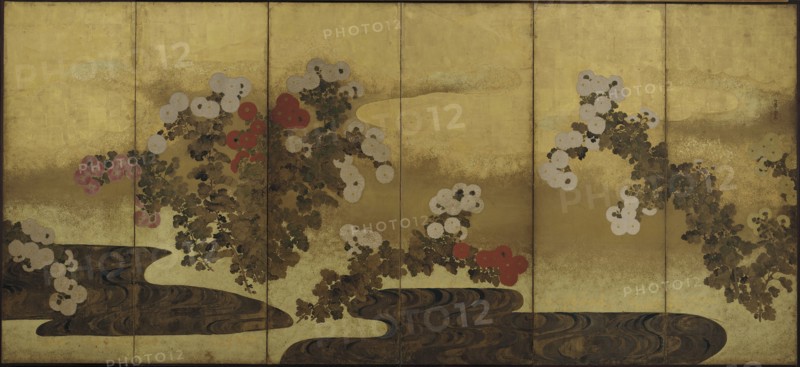 Chrysanthemums beside a stream, Edo period, 19th century. Creator: Unknown.