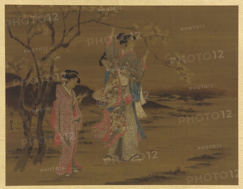 Two girls and a man under a cherry tree, Edo period, 1615-1868. Creator: Unknown.