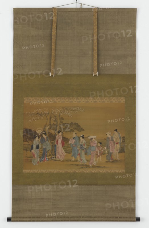 Nine people out to see cherry blossoms, Edo period, 1615-1868. Creator: Unknown.