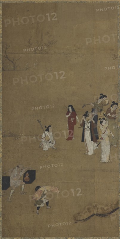 A picnic party: musicians and attendants, Edo period, early 17th century. Creator: Unknown.