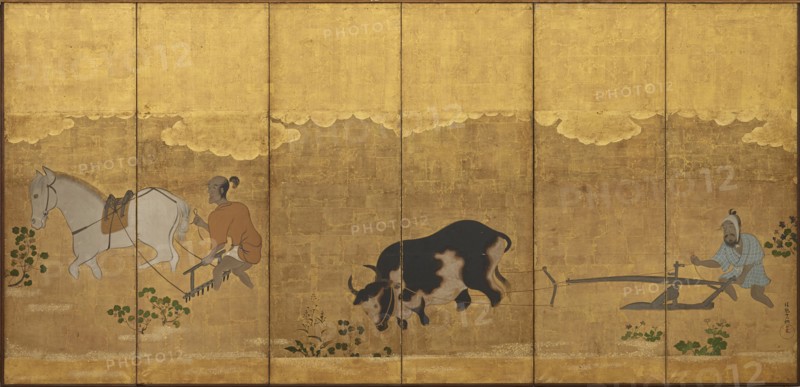 Two farmers ploughing and harrowing a rice field, Edo period, 1615-1868. Creator: Unknown.