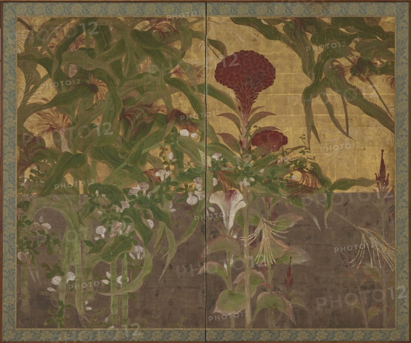 Coxcombs, maize and morning glories, Momoyama period, 17th century. Creator: Unknown.