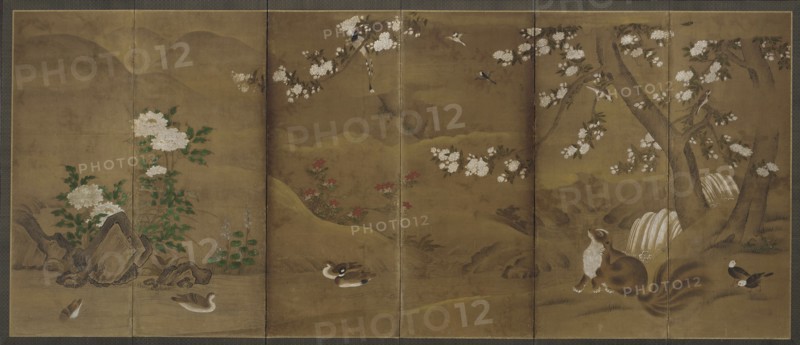 Birds, flowers of the seasons, and civet cats, Muromachi or Momoyama period, 16th century. Creator: Unknown.