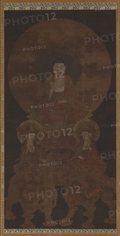 Historical Buddha Shakyamuni with the bodhisattvas Fugen..., Muromachi period, 15th century. Creator: Unknown.