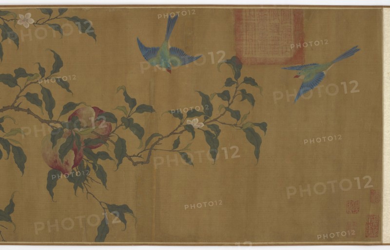 Birds among peach branches, Qing dynasty, (18th century?). Creator: Unknown.