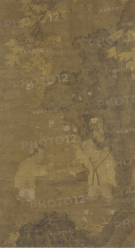 Two boys playing with the puppet of a lion, Ming dynasty, 15th-16th century. Creator: Unknown.