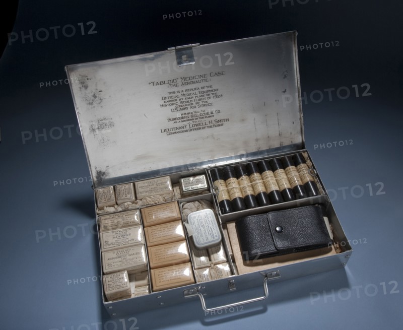 Medical kit carried aboard the Douglas World Cruiser by Lt. Lowell Smith, c. 1924.. Creator: Unknown.