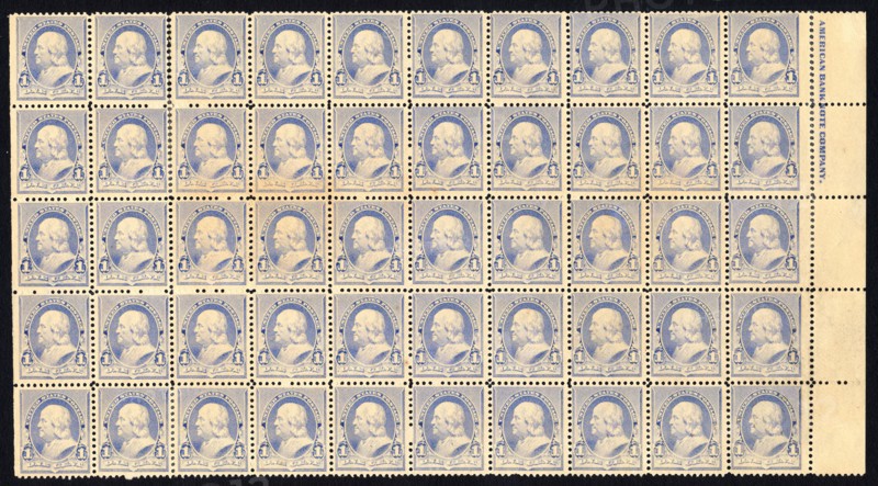 1c Franklin imprint block of fifty, 1890. Creator: American Bank Note Company.