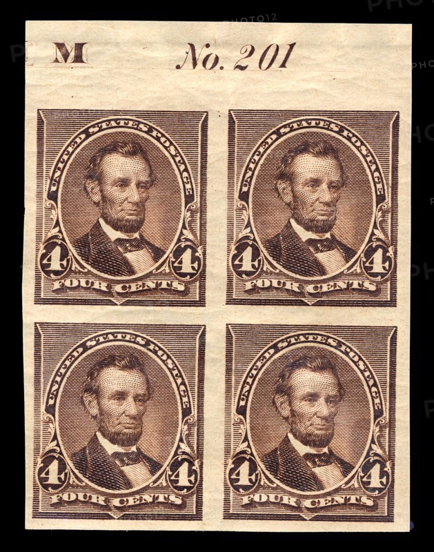 4c Abraham Lincoln proof plate block of four, June 2, 1890. Creator: American Bank Note Company.