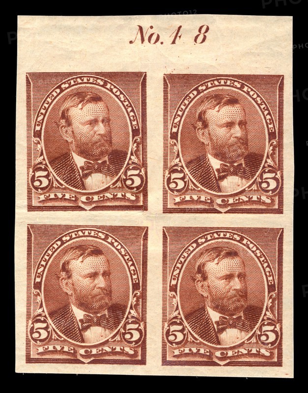 5c Ulysses S. Grant proof plate block of four, June 2, 1890. Creator: American Bank Note Company.