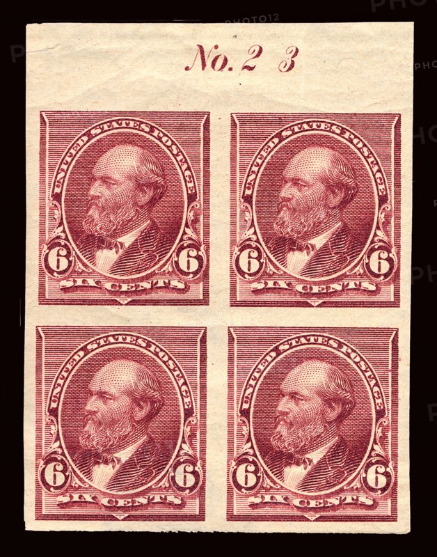 6c James A. Garfield proof plate block of four, February 22, 1890. Creator: American Bank Note Company.