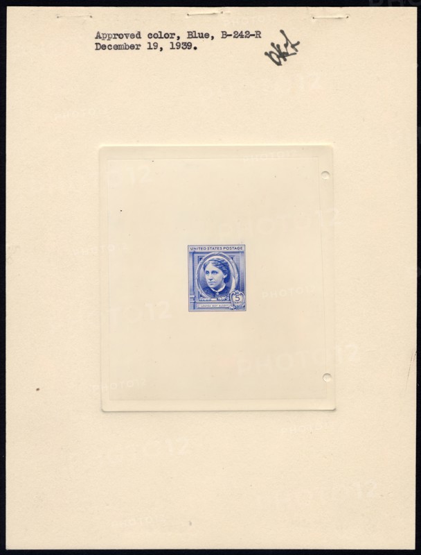 5c American Authors Louisa May Alcott die proof attached to plate proof, 14598. Creator: Bureau of Engraving and Printing.