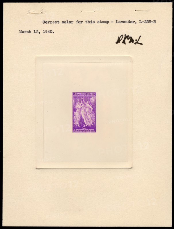 3c Pan American Union die proof attached to plate proof, 14682. Creator: Bureau of Engraving and Printing.