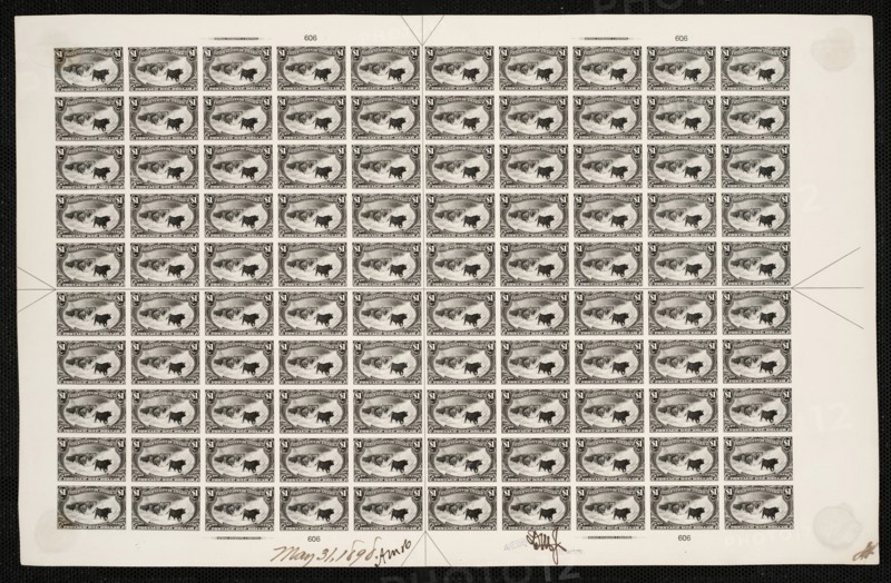 $1 Trans-Mississippi Western Cattle in Storm plate proof sheet, May 31, 1898. Creator: Bureau of Engraving and Printing.
