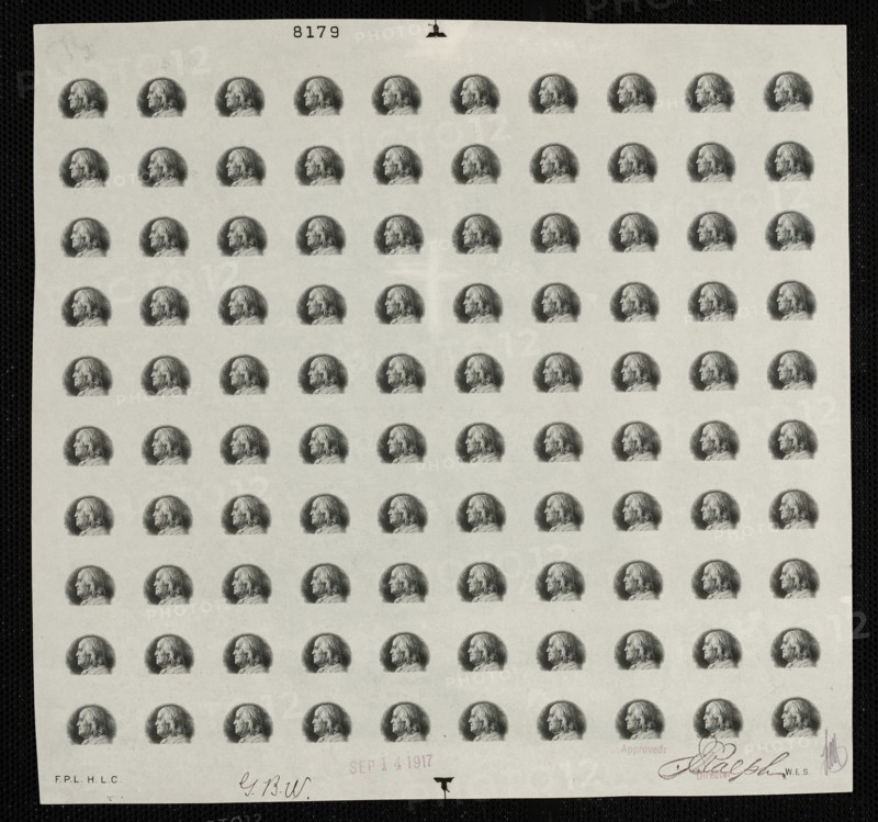 $5 Franklin vignette plate proof, Sept. 14, 1917. Creator: Bureau of Engraving and Printing.