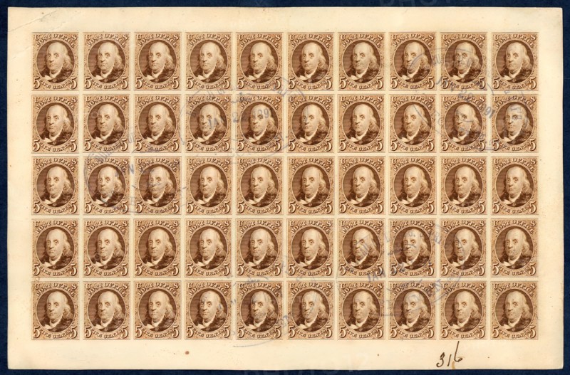 5c Franklin reproduction card plate proof sheet of fifty, 1891. Creator: Bureau of Engraving and Printing.
