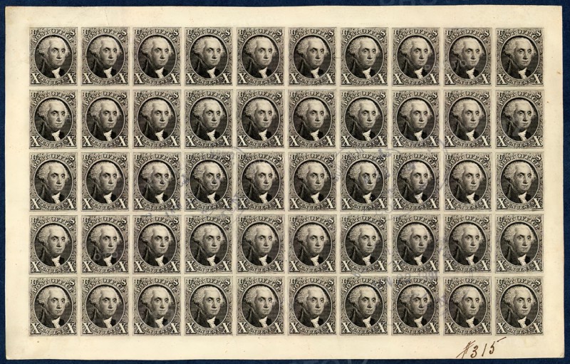 10c Washington reproduction plate proof on card sheet of fifty, 1891. Creator: Bureau of Engraving and Printing.