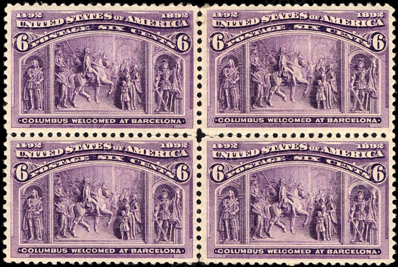 6c Columbus Welcomed at Barcelona block of four, 1893. Creator: Unknown.