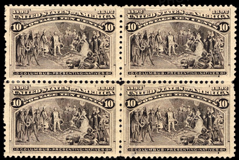 10c Columbus Presenting Natives block of four, 1893. Creator: Unknown.