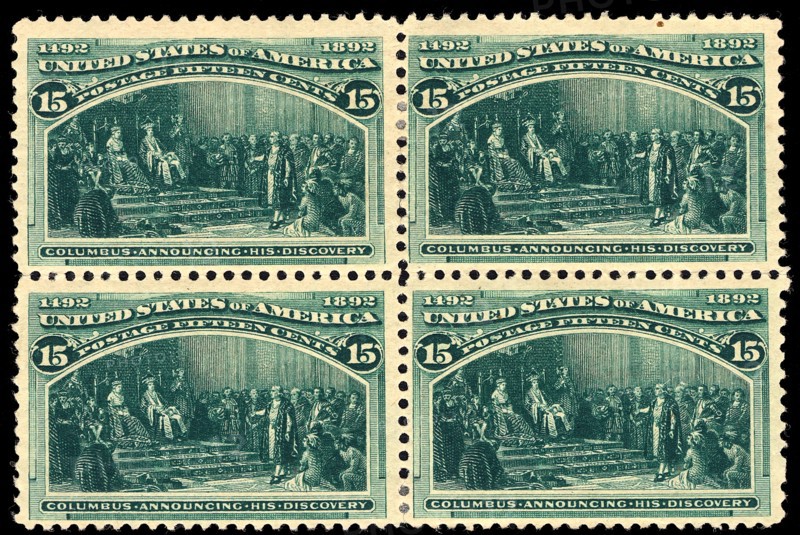 15c Columbus Announcing His Discovery block of four, 1893. Creator: Unknown.