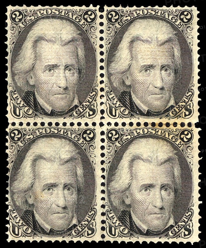 2c Andrew Jackson F Grill block of four, 1868. Creator: Unknown.