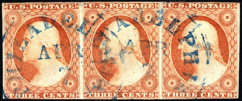 3c Washington imperforate strip of three, c. 1852. Creator: Unknown.